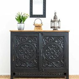 Modern Solid Wood Vintage Carved Storage Cabinet – Indigo Blue Wooden Sideboard with Intricate Floral Design, Natural Wood Top, Handcrafted Storage Unit for Living Room, Bedroom-image-79