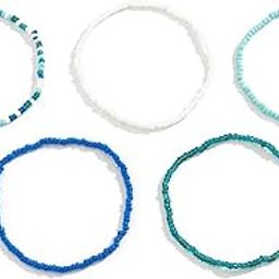 Set of 5 Multicolor Blue Stretchable Layered Bohemian Boho Elasticated Beaded Anklets|Beach Accessory for Women and Girls-picture-13