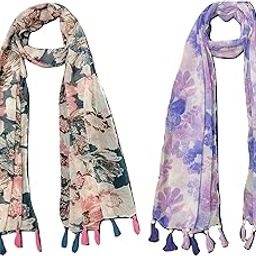 ™ Women's Printed Chiffon Multicolored Scarf and Stoles with Tassels - Set of 2 (ST182)-2