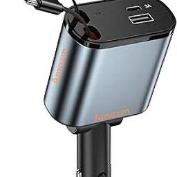 Amazm Car Charger 120W, 4 in 1 Retractable Fast Charger for Car, Black, 2 USB Ports, Fast Charging Compatible with iPhone 15/14/13/12/11, Type C & Lightning, Car USB Charger-31