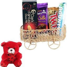 SFU E Com Chocolate Gift Hamper With Beautiful Cart | Valentine Teddy Bear With Chocolate Combo | Valentine Chocolate Hamper | 622-45