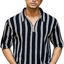 maniac |Mens ||Striped|| Polo Neck ||3/4th Sleeve|| Half Zipper|| Cotton ||T-Shirt-picture-39