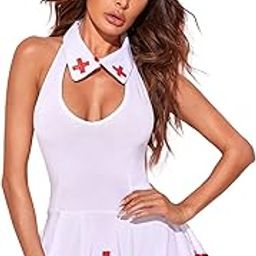 Satin Ladies Women Chemise Babydoll Gown Nighty Roleplay Nurse Lingerie Cosplay For Night Club, Halloween (Dress With Cap And Collar), Multicolour-image-16
