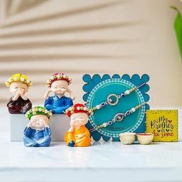Dreamica Rakhi Gift Combo | Monk Buddha Showpiece Set with 2 Designer Rakhi, My Brother is Awesome Fridge Magnet, Greeting Card & Tilak Set | Raksha Bandhan Hamper for Brother-21