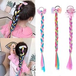 KARDIFF 3pcs Girls Braids Ponytails Hair Extensions, Rubber Band Ponytails Hair Bows, Glitter Colored Braid Hair Accessories, Synthetic Hairpieces for Kids Party Highlights Cosplay-image-8