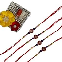 Rakhi Combo Set 4 for Brother | Designer Rakhi Kundan Bracelet for Bhaiya With Roli Chawal Card-image-22