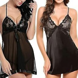 Women's Net Solid Above Knee Babydoll Lingerie Combo Set (Black, Free Size)-picture-9