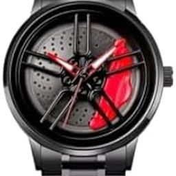 Men's Analog Watch with Unique Alloy Wheel Dial | Red Racing Style Dial | 45mm Large Metal Case | Stainless Steel Strap | 220mm Length | Sporty Luxury Watch for Men-image-4