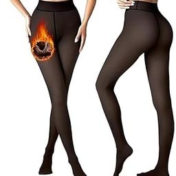 Dual Tone Women Fake Transparent Tight Fleece Lined Thick High Waist Elasticity Thermal Pantyhose Warm Leggings for Winter Double Shade Skin & Black Plus Size (28-32 inch)-image-9