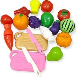 PLUSPOINT 18 PCS Cutting Play Food Toy for Kids Kitchen, Pretend Fruit &Vegetables Accessories Has 7 FRUITS, 7 VEGETABLES,2 BOARD,2 KNIFE for Girls and Boys (Multicolour), 18pc-29