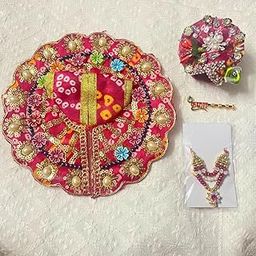 Shriiji Store Laddu Gopal Dress for Janmashtami, Combo Set with Pagdi, Mala and Bansuri, Traditional Floral Rajasthani Print Embroidered Design Dress - Size no 1 Pink-image-21