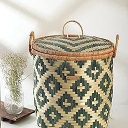 Habere India-All the Cultures Fabricating India Bamboo Laundry Basket with Lid | Wicker Laundry Baskets | Basket for Baby Clothes | Green Clothes Baskets, Design 05, Green-image-56