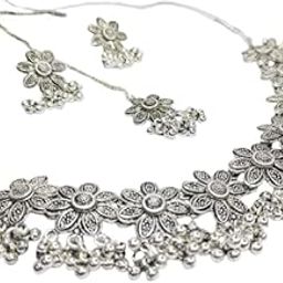 Oxidised Silver Floral Necklace Set with Earrings and Maang Tikka, Traditional Design with Ghungroo Bells-image-77