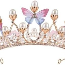Butterfly Crown with Pearls and Crystals, 15 cm Diameter, Pink and Blue decorative tiara featuring butterfly motifs, pearl embellishments, and floral accents, Butterfly Pearl Tiara-image-50
