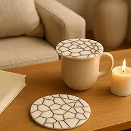 NONAS DECOR Handmade Resin Coaster | White Coaster with Gold Geometric Pattern | Premium Matt Finish | Home Decor Gift Set | Modern & Stylish Tableware | Set of 4-picture-39