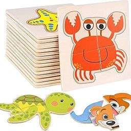 Authfort 6 PCS Wooden Jigsaw Puzzles, Wooden Animal Puzzles for Toddlers, Educational Montessori Toys, Colorful Leisure Toys of 2 3 4 5 Years Toddlers, Random Pattern-22
