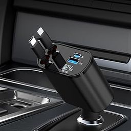 Retractable Car Charger, 4 in 1 Fast Charging Car Charger 100W, Retractable Cable and 2 USB Ports Car Charger Adapter Compatible with iPhone 15 14 13 12 11 Pro Max, Galaxy S23, Pixel Car Charger-32