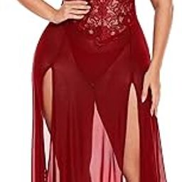 Plus Size Lace Bodice Sheer Mesh Nightgown with Side Slit, Women's Plus Size Sexy Lingerie – Sheer Mesh Long Babydoll Gown with Lace Bodice & Side Slits Nightwear-picture-15