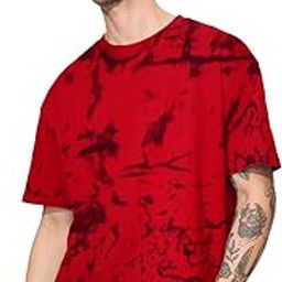 Oversized Round Neck Half Sleeve Tie & Dye Printed T-Shirt for Men(Color : RED)-image-18