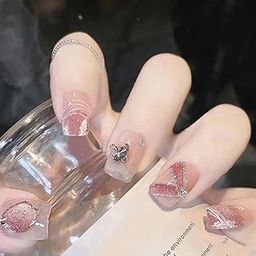 Secret Lives Transparent Peach Color Reusable Artificial Fake False 24 Pieces Set | Blackish Silver 3D Butterfly with Silver Glitter & Pearls Press on Nails with Kit-75