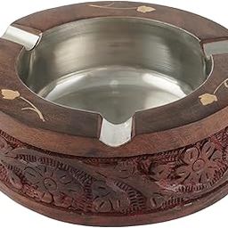 FINE CRAFT INDIA Handmade Wooden Round Ashtray with Steel Cup | 4 Inch Compact Ash Tray for Home, Office, Car & Outdoor Use (RH_ashtray_1)-image-69