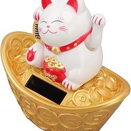 UBERSWEET® Lucky Money Cat Decor, Eco-Friendly Luminous Solar Powered Lucky Cat Statue Sitting on Gold Bar for Desktop Decoration (MLY23028 Blessing Bag White)-picture-16