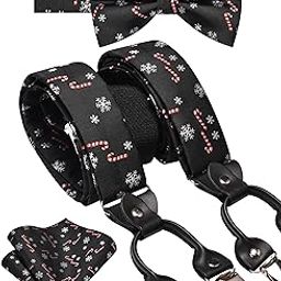 Mens Christmas Bow Tie and Suspenders Holiday Festival Theme Y Shape Santa Braces Pocket Square Set with Gift Box-image-4