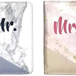 Faux Leather Couples Mr and Mrs Travel Passport Cover (White Pink Marble)- Set of 2-4