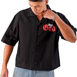 Men Cotton Boxy Fit Graphic Print Half Sleeves Cuban Collar Street Wear Cropped Shirt-image-81
