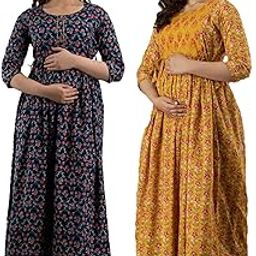 Women's Pure Cotton A-Line Printed Maxi Maternity Gown Dress | Feeding/Maternity Gown Kurti for Women | Combo Pack of 2-image-92