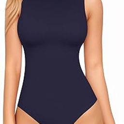 Women's Mock Turtle Neck Sleeveless Tank Tops/Long Sleeve Bodysuit Jumpsuit (A1 Navy Blue (Modal), Small)-image-9