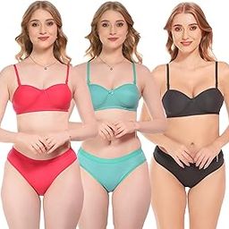 Bylko Hosiery Bikini Padded Bra & Panty Regular Lingerie Set for Women Combo Multicolor Pack of 3-image-67