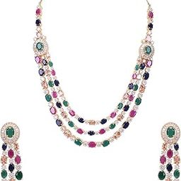 American Diamond Fashion Jewellery Red Green Blue White Multi Layer Necklace Set with Earring for Women/Girls RV3006M-image-51