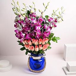 Fresh Live Flower Bouquet of 15 Pink Roses & 6 Purple Flower In Handi Vase For Birthday Gift, Anniversary Gift, Wedding Gift, Farewell Gift & Gift For Special Occasions (Same Day Delivery)-image-26