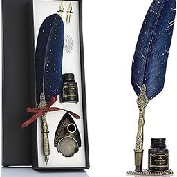 Vintage Carving Feather Pen Set, Glittering Quill Pen Set Antique Calligraphy Writing Dip Pen with Black Ink, 2 Replacement Nibs, Pen Stand Base, Luxury Signature Pen-6