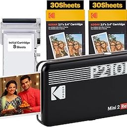 KODAK Mini 2 Retro 4PASS Portable Photo Printer (2.1x3.4 inches) + 68 Sheets Bundle, Black-0