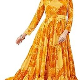 Women's Flared Gown Georgette V-Neck All Over Print Maxi Length-image-20