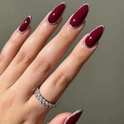 24 Reusable Artificial Fake Nail Set| Dark Red Color With Silver Glitter Design Glossy Nails| Lightweight & Long Lasting| Quick Fix For Festivals & Special Occasions-20