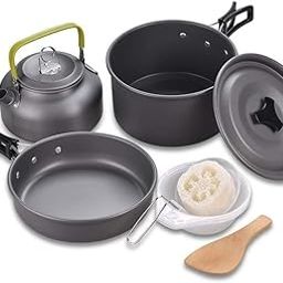 DPCR Portable Camping Cookware Mess Kit, Lightweight Hiking Cookware Set with Mesh Bag, Nonstick Aluminum Cooking Kit,Outdoor Pot Pan Kettle Backpacking Mess Kit with Bowls (3-4 Person)-image-84