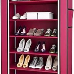 6 Shelves Shoe Rack/Multipurpose Storage Rack with Dustproof Cover (Iron Pipes, Non Woven Fabric, Plastic Connector) (Pink)-13