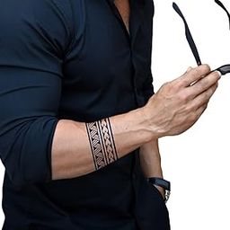 Semipermanent Temporary Tattoo Stickers 20-25 days Lifespan For Men Women Boys & Girls Waterproof 3D Realistic Arm Band Hand Compass Tatto Sticker Blue Coloured Temp Watertransfer Tribal Armband Temporary Tattoo, Blue Geometric Pattern, Unisex Size-24X6.3cm GZBH-034-34