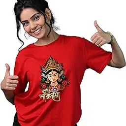 tedhi medhi family Men & Women Cotton Half Sleeve Round Neck Unisex Comfort Fit T-Shirt with Printed Divine Durga Ji Design Bengali Printed Tshirt for Women.-picture-11