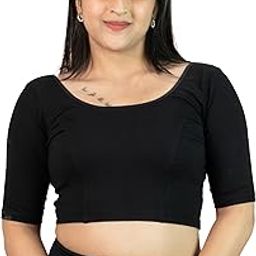 Round Neck Dobby Cotton Lycra Stretchable Soft Fabric Elbow Half Sleeve Readymade Saree Blouse for Women-39