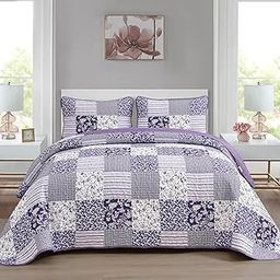 Mybedsoul Purple Quilt Set Twin Size, 2 Pieces Plaid Floral Bedspread Set Patchwork Reversible Bedding Set Microfiber Lightweight Bedspread Coverlet Set for All Season 68"x86"-image-20