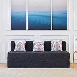 uberlyfe 3 Seater Sofa Cum Bed | Jute Fabric Washable Cover | 3 Cushions Pink Morpankh Pattern | Dark Grey | 6' X 6' Feet-image-29