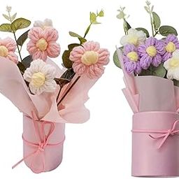 Zytiqt 2Pcs Crochet Flower Bouquet, Artificial Flowers Bunch for Home Decor, Wedding Party Office Table Decoration, Flower Bouquet Gift in Pink and Purpl-image-28