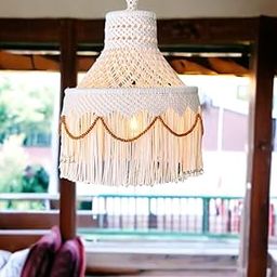 Beautiful Handmade Macrame Chandelier Multi Designs for Home Decoration Boho Chandeliar Cotton Pendent Light Tassel Lamp Shade Without light instruments off white color-picture-4