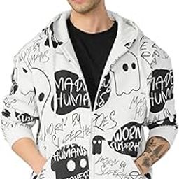 Core Crew Men and Boys Long Sleeves Hooded Neck Zipper Front White All Over Printed Cotton Blend Oversized Hoodies-image-3