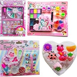 JELLIFY Combo of Makeup Kit Eye Shadow Kit with Hair Clips,Eyebrow Pencil and Glitters Nail Art & 7pcs Adjustable Ring for Kids Girls for Birthday Gift Multicolour Random Color Send-image-32