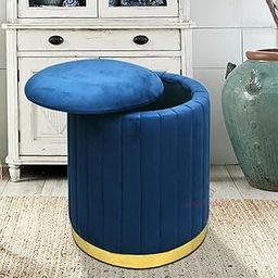 RIBAVARY® Round Velvet Luxurious Storage Ottoman, Pouf with Storage Vanity Stool Chair,Upholstered Foot Rest Stool with Gold Strip Base for Living Room or Bedroom (Blue., Large-40Dx40Wx46H)-image-55